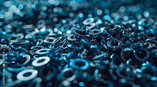  A tight shot of numerous reflective metal rings against a dark backdrop, featuring a left blue tint and right blue tint at the midpoint of the upper part