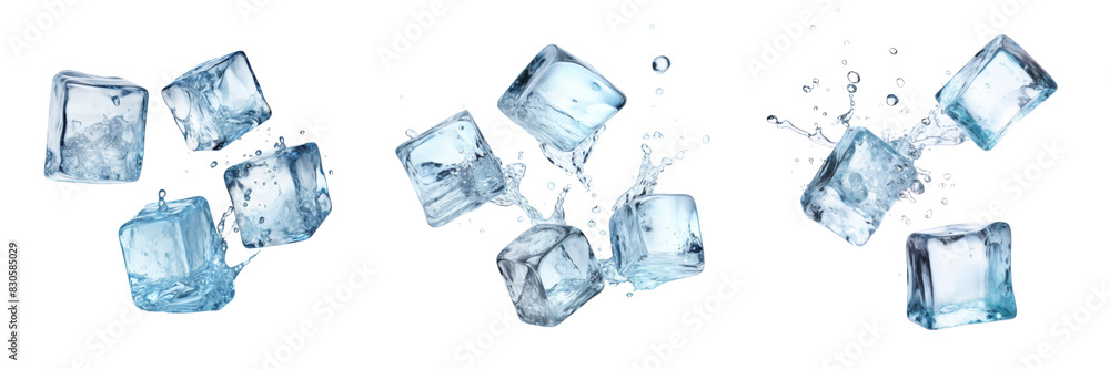 Collection of three falling ice cubes isolated on transparent or white background Collection of three falling ice cubes isolated on transparent or white background