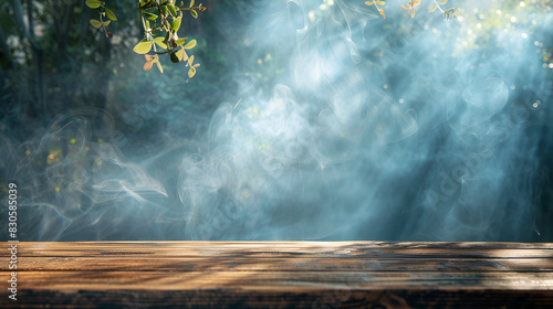 Table Halloween background of free space for your decoration and dark background Swirling smoke on a wooden surface in a dimly lit room, Generative AI photo