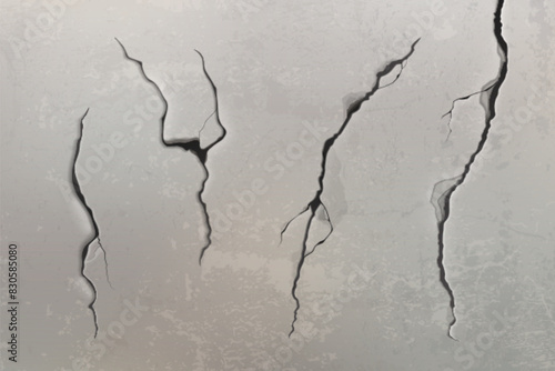 Wall crack texture. Broken ground effect vector. Earthquake on cement floor isolated realistic 3d. Black fracture line or drought land erosion illustration. Old asphalt scratch graphic design