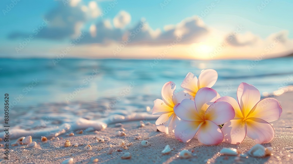 Beautiful frangipani flowers on the beach with blue sky and sea background banner, copy space for text Summer vacation concept Beautiful frangipani flowers on the beach with blue sky and sea background banner, copy space for text Summer vacation concept