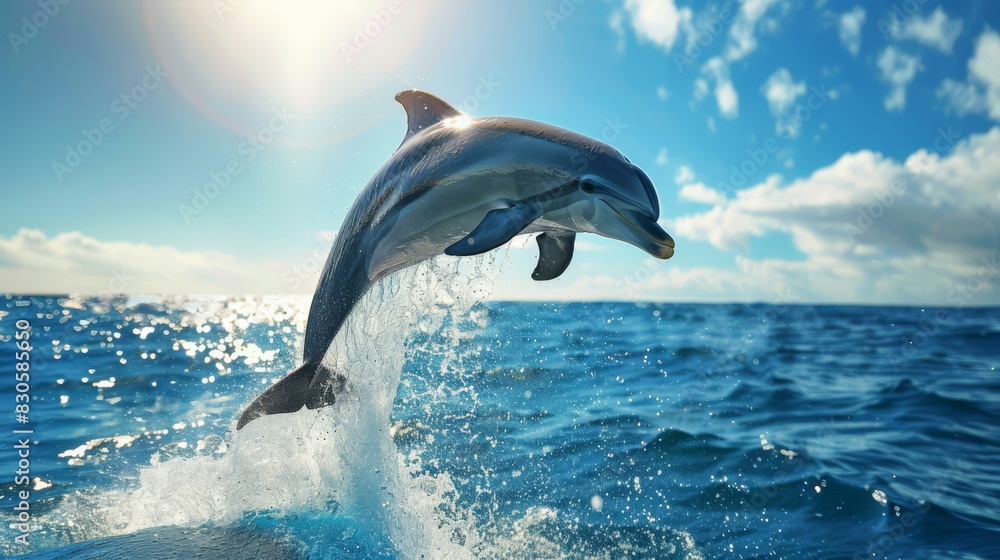 Obraz premium A bottlenose dolphin leaps out of the water in a stunning display of grace and agility. AI.