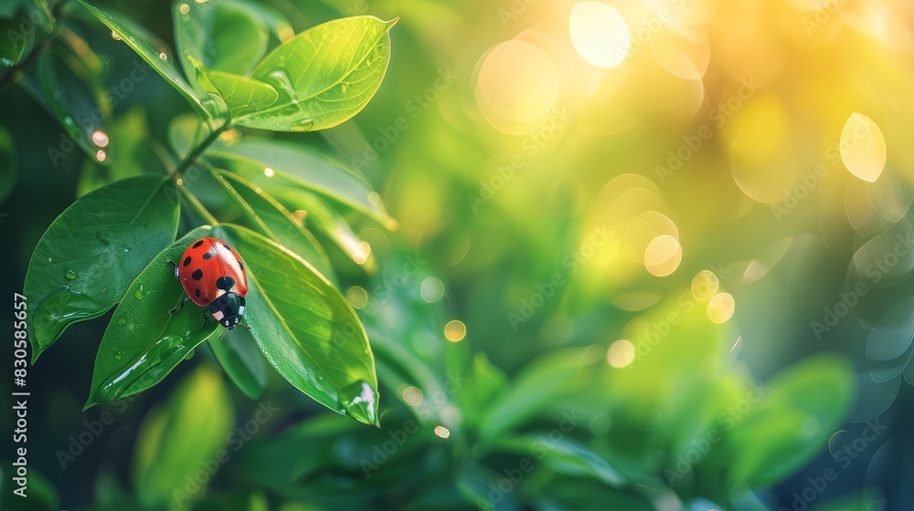 Beautiful nature background with green leaves and ladybug in sunlight Beautiful nature background with green leaves and ladybug in sunlight