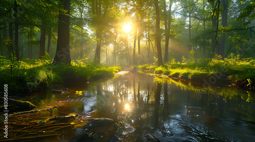 An Enchanting Spring Forest With a Babbling Brook Run Enchanting panoramic forest scenery with soft light falling through the foliage  Generative AI 