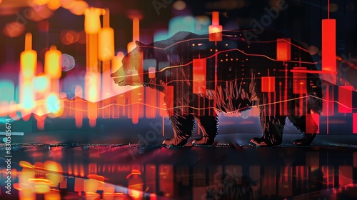 Bearish stock market decline  close up  focus on  copy space  vibrant colors  Double exposure silhouette with falling stock prices