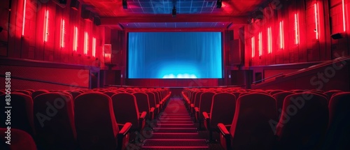 An empty movie theater screen before a blockbuster premiere, waiting to captivate audiences with its visual splendor photo