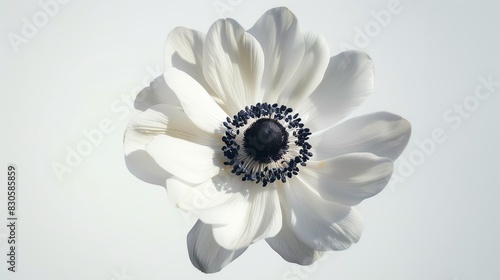 Delicate anemone flower with white petals and a dark center, floating on air, white background, highlighting its simple yet striking beauty