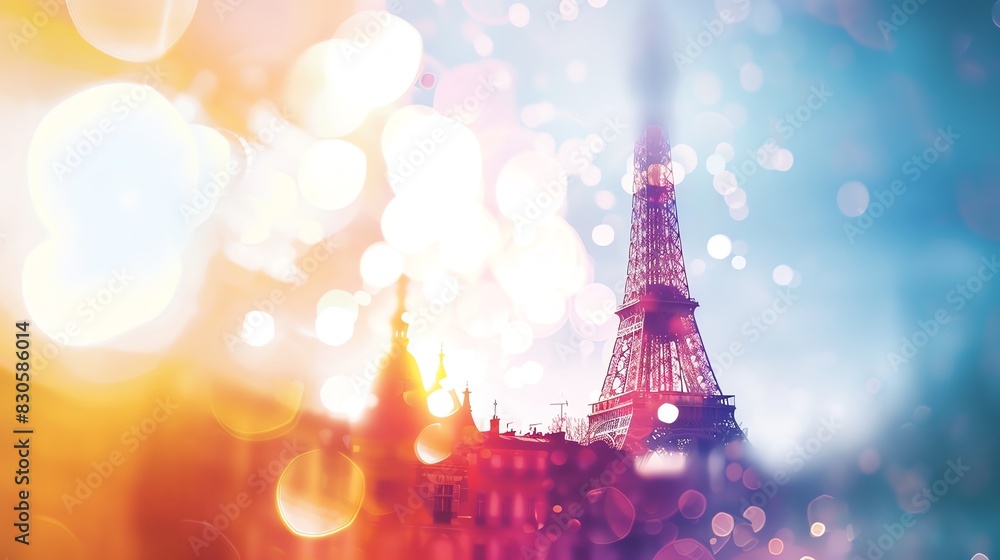 Eiffel Tower focus on, white background, vivid hues, double exposure silhouette with Parisian landmarks
