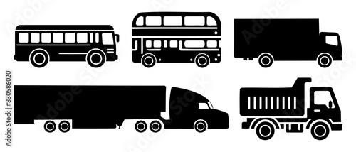 Bus, double-decker bus , cargo truck, long haul truck, truck, transport vehicle side view silhouette black filled vector Illustration icon.
