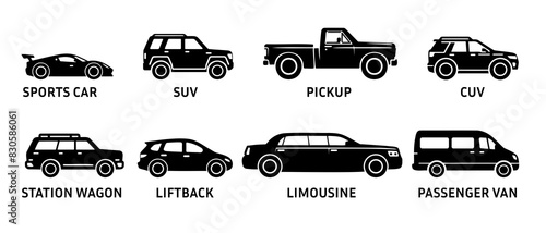 Sports car, SUV, pickup, CUV, station wagon, liftback, limousine, passenger van, transport vehicle side view silhouette black filled vector Illustration icon.