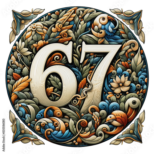 Ornamental Number 67 (sixty-seven) with Floral and Plant Embellishments Isolated (cut) background photo