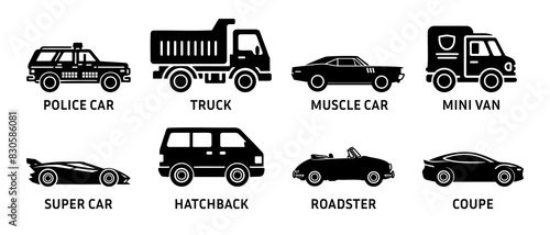 Police car, truck, muscle car, mini van, super car, hatch back, roadster, coupe, transport vehicle side view silhouette black filled vector Illustration icon.