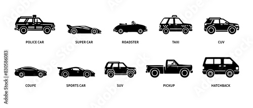 Jeep, police car, sports car, racing car, roadster, SUV, CUV, super car, hatchback, taxi transport vehicle side view silhouette black filled vector Illustration icon