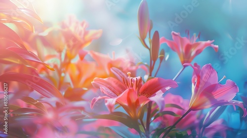 Lilies in bloom on pastel background  close up  focus on  vibrant and appealing colors  Double exposure silhouette with garden scene