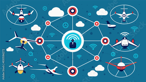 A network of interconnected drones serving as air traffic controllers and constantly monitoring and guiding the movement of all forms of transportation in the network.. Vector illustration