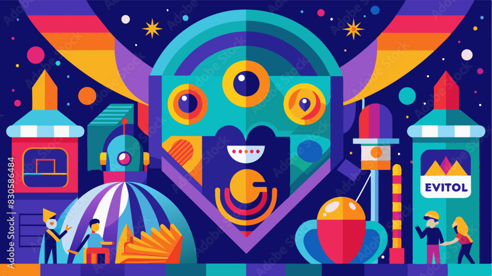 The vibrant colors and designs of the eVTOLs add to the futuristic aesthetic of the market drawing in curious onlookers.. Vector illustration The vibrant colors and designs of the eVTOLs add to the futuristic aesthetic of the market drawing in curious onlookers.. Vector illustration