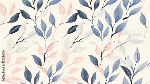 Seamless pattern of hand-drawn pastel leaves and floral branches, perfect for a gentle and artistic botanical theme