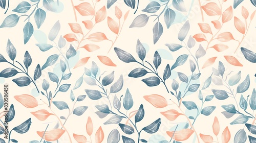 Seamless pattern of hand-drawn pastel-colored leaves and branches, creating a soft and natural design photo