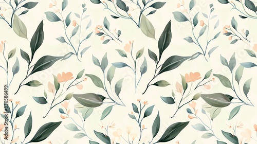 Soft pastel seamless pattern with hand-drawn leafy branches and blossoms, evoking a sense of calm and beauty