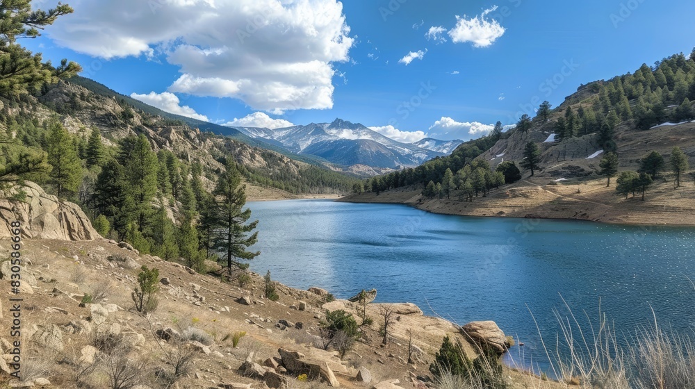 Scenic sight of a reservoir in the Rocky Mountains