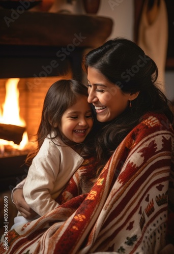 A mother and her daughter are sitting by the fireplace, wrapped in a blanket. AI.