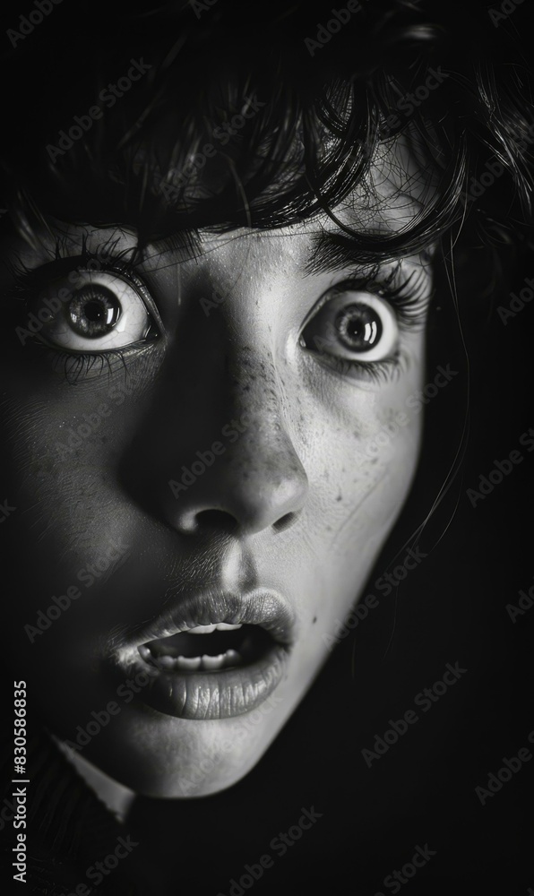 Close-up of a young woman's face with her mouth open in shock or fear. AI. Close-up of a young woman's face with her mouth open in shock or fear. AI.