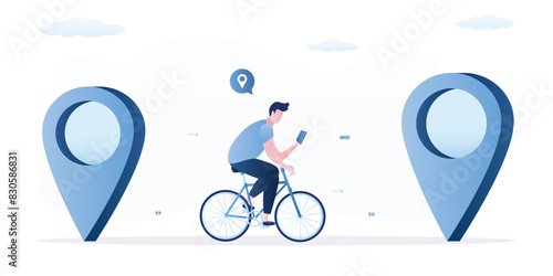 Man riding bicycle and uses smartphone for navigation. Cyclist in navigation app search right location. Tracking mobile application concept. Giant location pins and male character