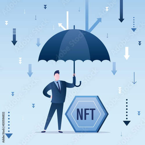 Money NFT token coin under umbrella. Business income protection. Protect your digital investment. Blockchain technology.