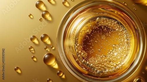  A gold countertop holds a glass bowl filled with liquid The bowl's underside and the surface of the water at its base display reflections, showing a golden hue