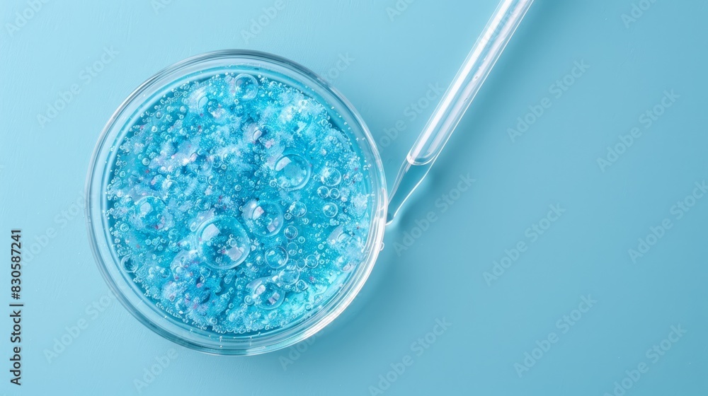 A detailed view of a bluish substance in a glass bowl, accompanied by a toothbrush against a tranquil blue backdrop Text space below ..Or, A detailed view of a bluish substance in a glass bowl, accompanied by a toothbrush against a tranquil blue backdrop Text space below ..Or,