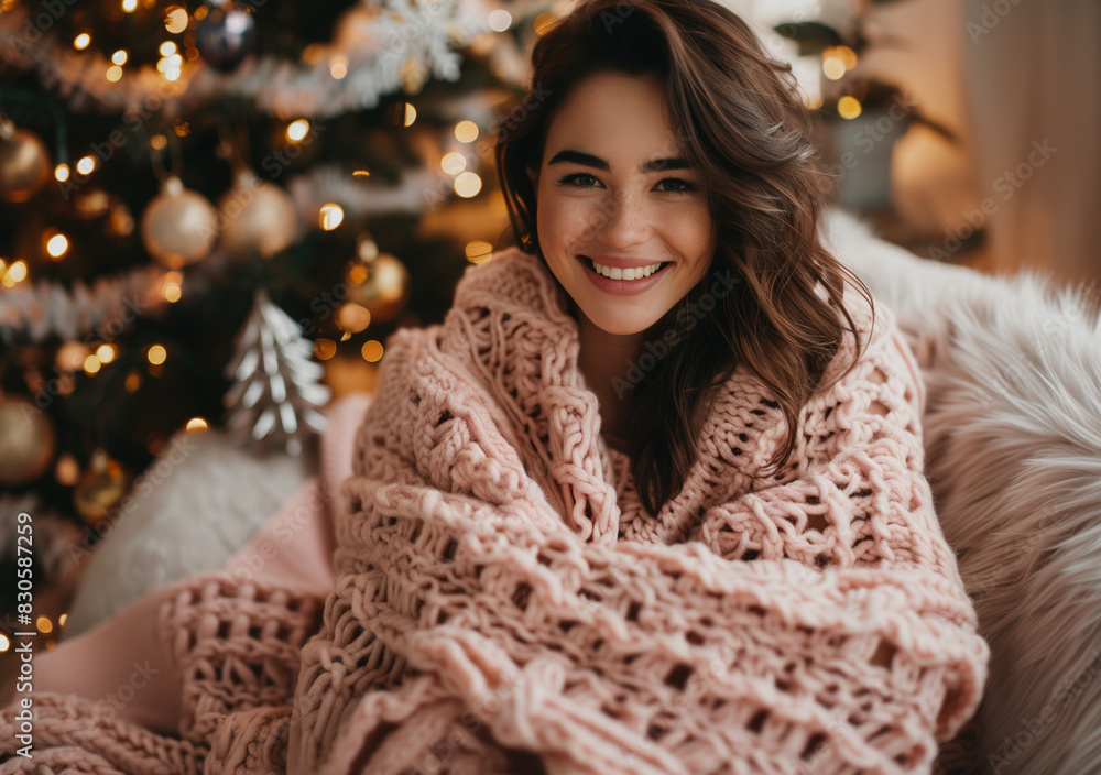 A happy woman wrapped in a soft pink knitted blanket smiles while sitting on the couch at home, against the background of a Christmas tree decorated for the New Year. A happy woman wrapped in a soft pink knitted blanket smiles while sitting on the couch at home, against the background of a Christmas tree decorated for the New Year.