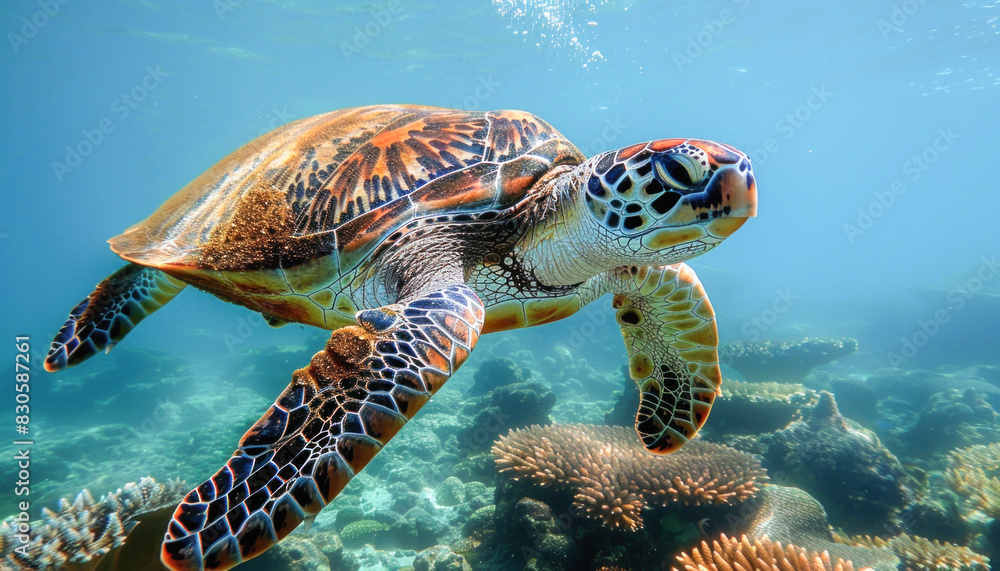 Fototapeta premium A beautiful sea turtle is gracefully swimming near a vibrant coral reef in the ocean