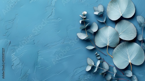  A blue background with leaves on the left in various shades of green  and leaves on the right