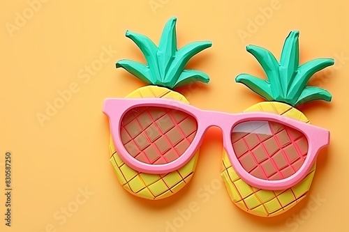 summer. Paper composition. Heat. Pineapple and sunglasses on yellow paper background