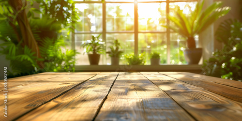 Sunlit Wooden Table in a Greenhouse with Lush Plants