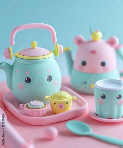 A cute illustration of a teapot, teacup, and sugar bowl set. AI.