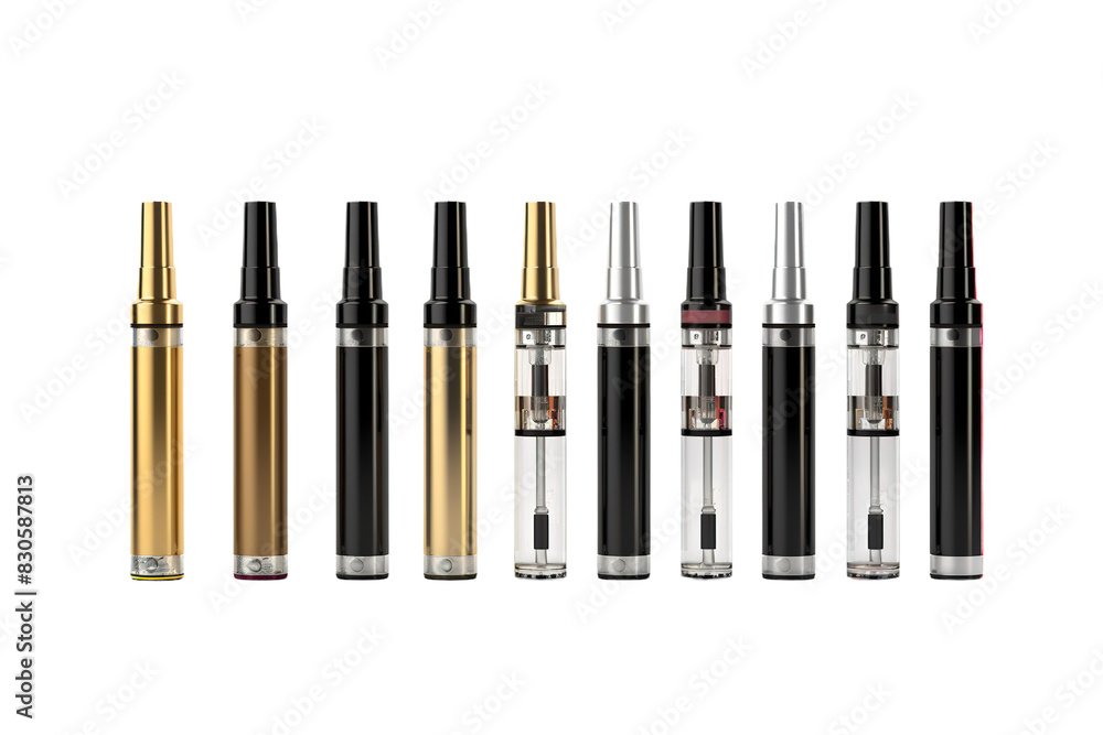Obraz premium Sleek vape pen collection, metallic gold and black e-cigarette devices, modern vaping hardware for smoking alternative design isolated on Transparent Background