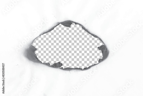 Hole burn in paper with gray edges and flames isolated on transparent circle background vector illustration