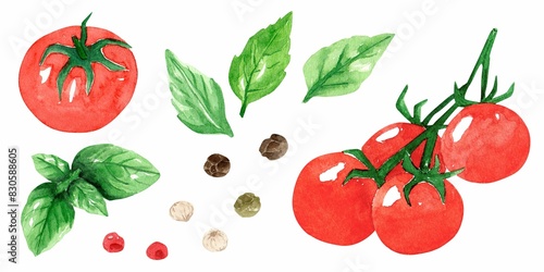 Set watercolor illustration with red tomato cherry, peppercorns and green basil isolated on white background. Fresh vegetables and herbs for cooking delicious dishes. Template for design.