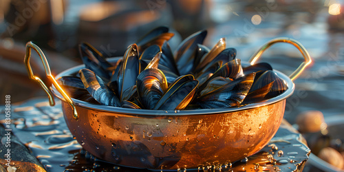  Mussels in Copper Cooking Dish. Steamed mussels Fresh mussels at grill pan Plenty of mussel fish cooking at large metallic pan. 