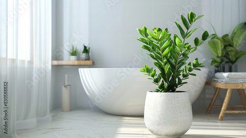 Zamia or ZZ plant in a white pot in an bathroom interior