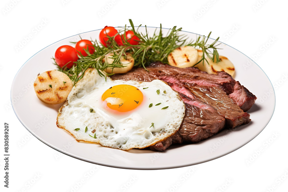A Culinary Symphony: Steak and Egg Elegance on White or PNG Transparent Background. A Culinary Symphony: Steak and Egg Elegance on White or PNG Transparent Background.
