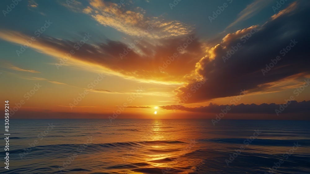 Obraz premium Calm sea with sunset sky and sun through the clouds over. Meditation ocean and sky background. Tranquil seascape. Horizon over the water.