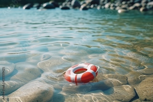 Lifebuoy positioned on sandy shore next to the water s edge for safety and rescue purposes