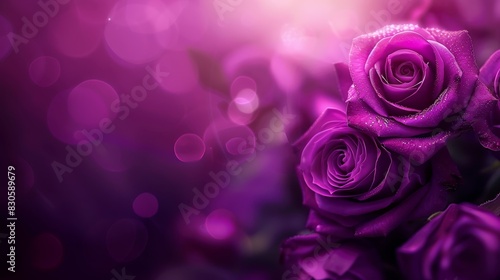  A close-up of numerous purple roses against a deep purple backdrop A bolte of light brightens the middle  while the center features a blurred image