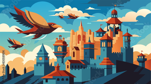 Over a city steeped in legends and folklore a fleet of eVTOLs cruise offering a new perspective on its storied past.. Vector illustration