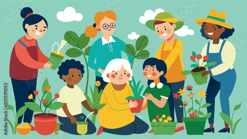 A diverse group of individuals of all ages from children to seniors work side by side planting flowers and herbs in their community garden.. Vector illustration