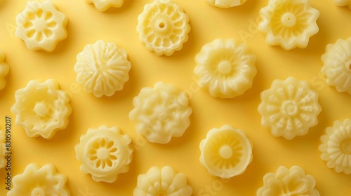  A tight shot of a yellow surface, dotted with numerous tiny food morsels in its center, accompanied by a fewer number of smaller food particles photo