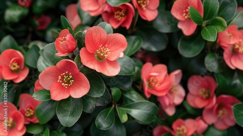 In spring a close up view of a flowering quince shrub with brick red flowers scattered among its green leaves in the garden photo
