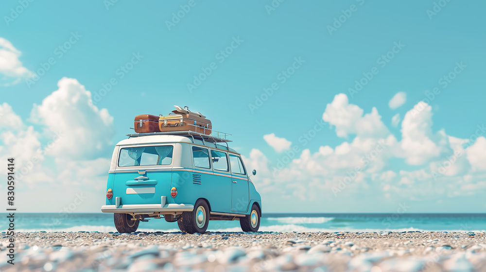 A traveling station wagon by the beach of the sea - self driving travel vacation concept A traveling station wagon by the beach of the sea - self driving travel vacation concept